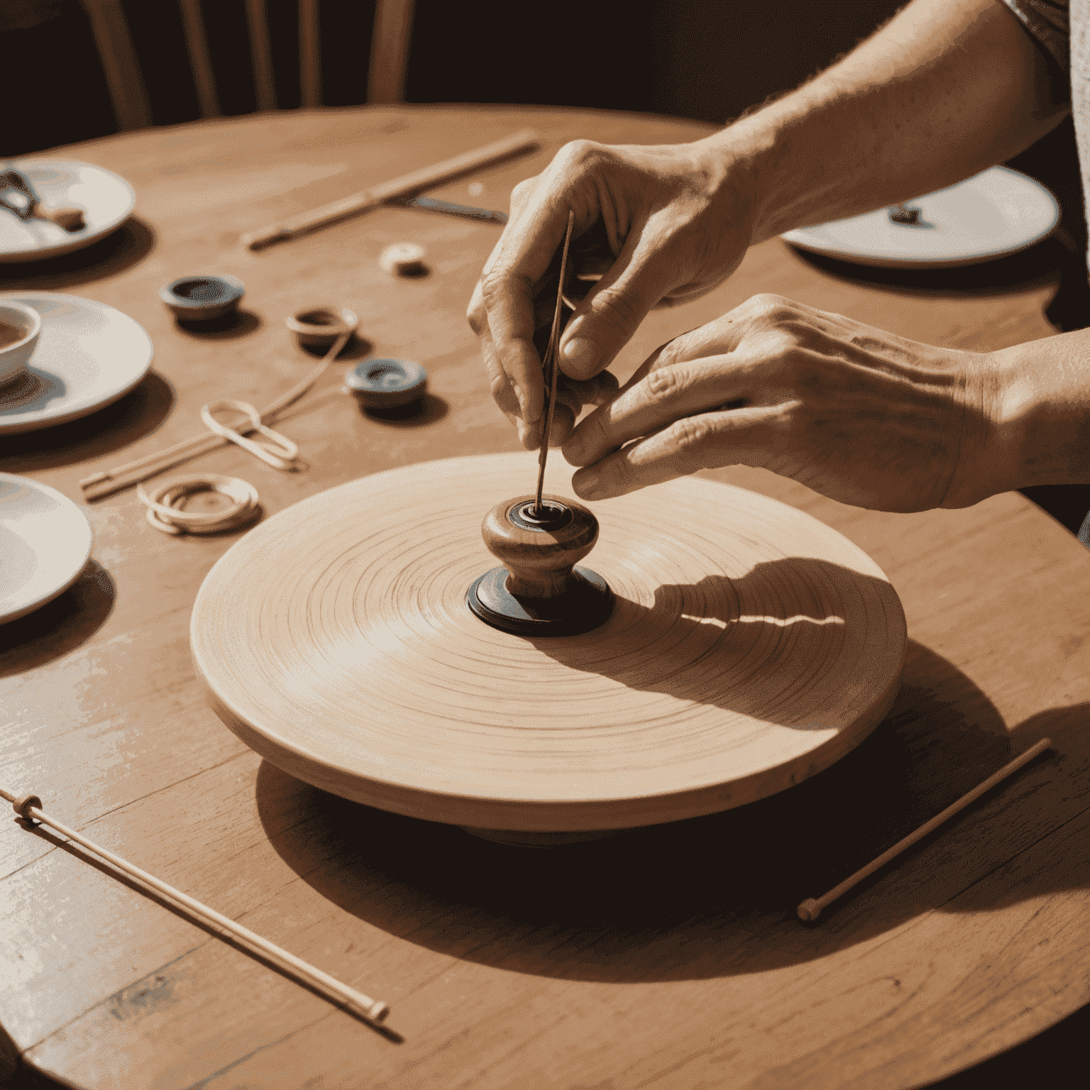 Una persona aprendiendo a girar un trompo, con diferentes tipos de trompos y cuerdas en una mesa cercana