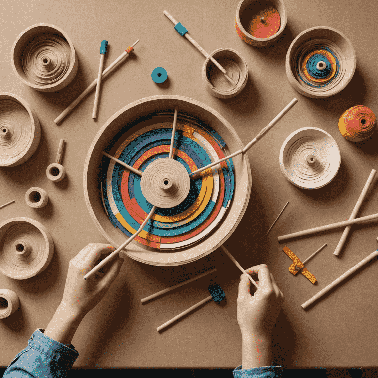 Varios juguetes giratorios caseros hechos con materiales cotidianos como papel, cartón y palitos de madera, dispuestos sobre una mesa de trabajo