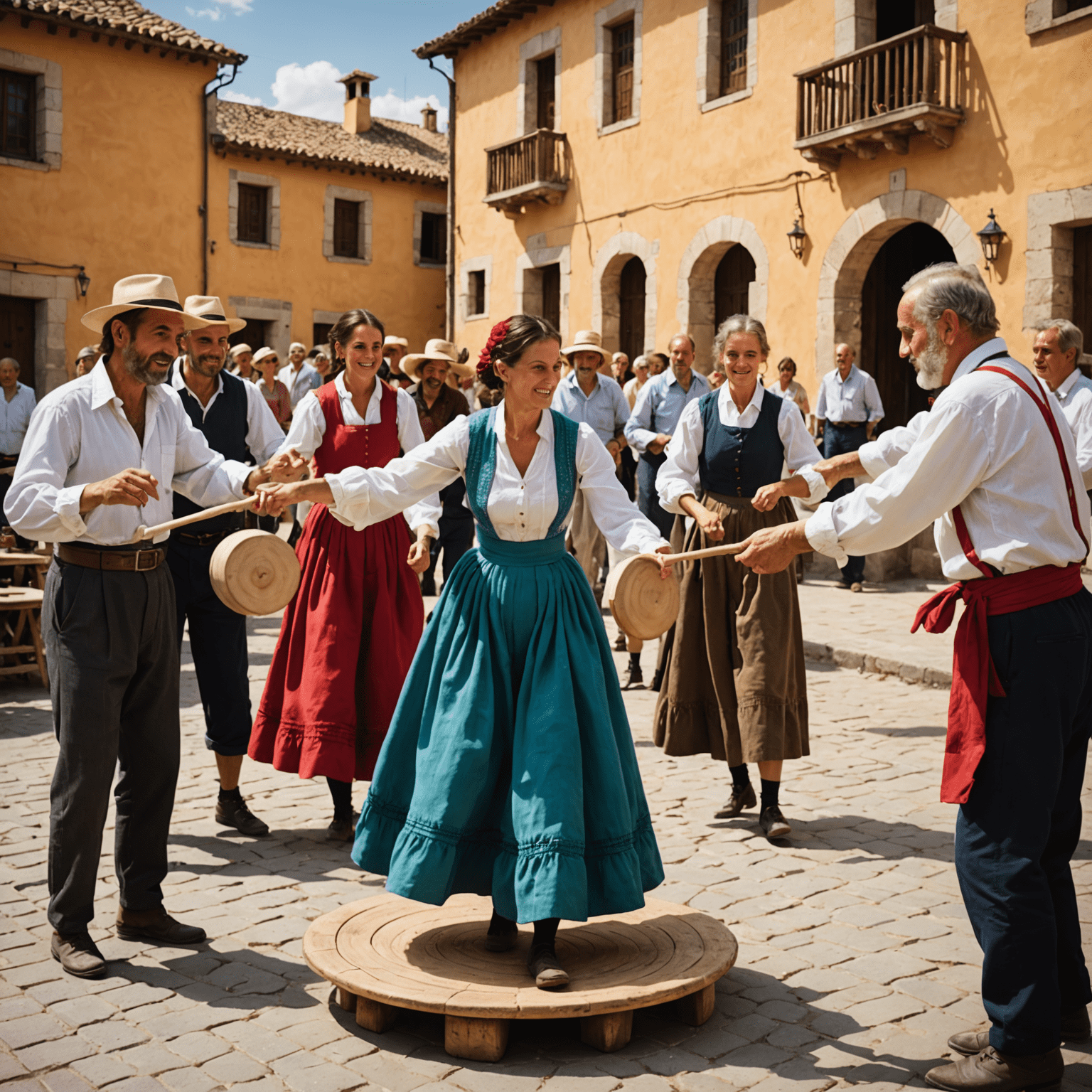 Grupo de personas participando en un juego de giro tradicional español en una plaza de pueblo