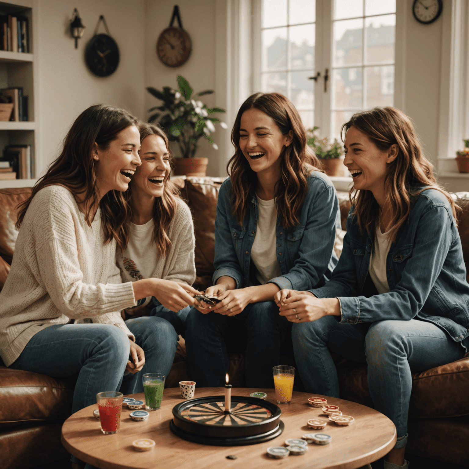 Un grupo de amigos riendo y jugando juegos de spinning en una sala de estar acogedora