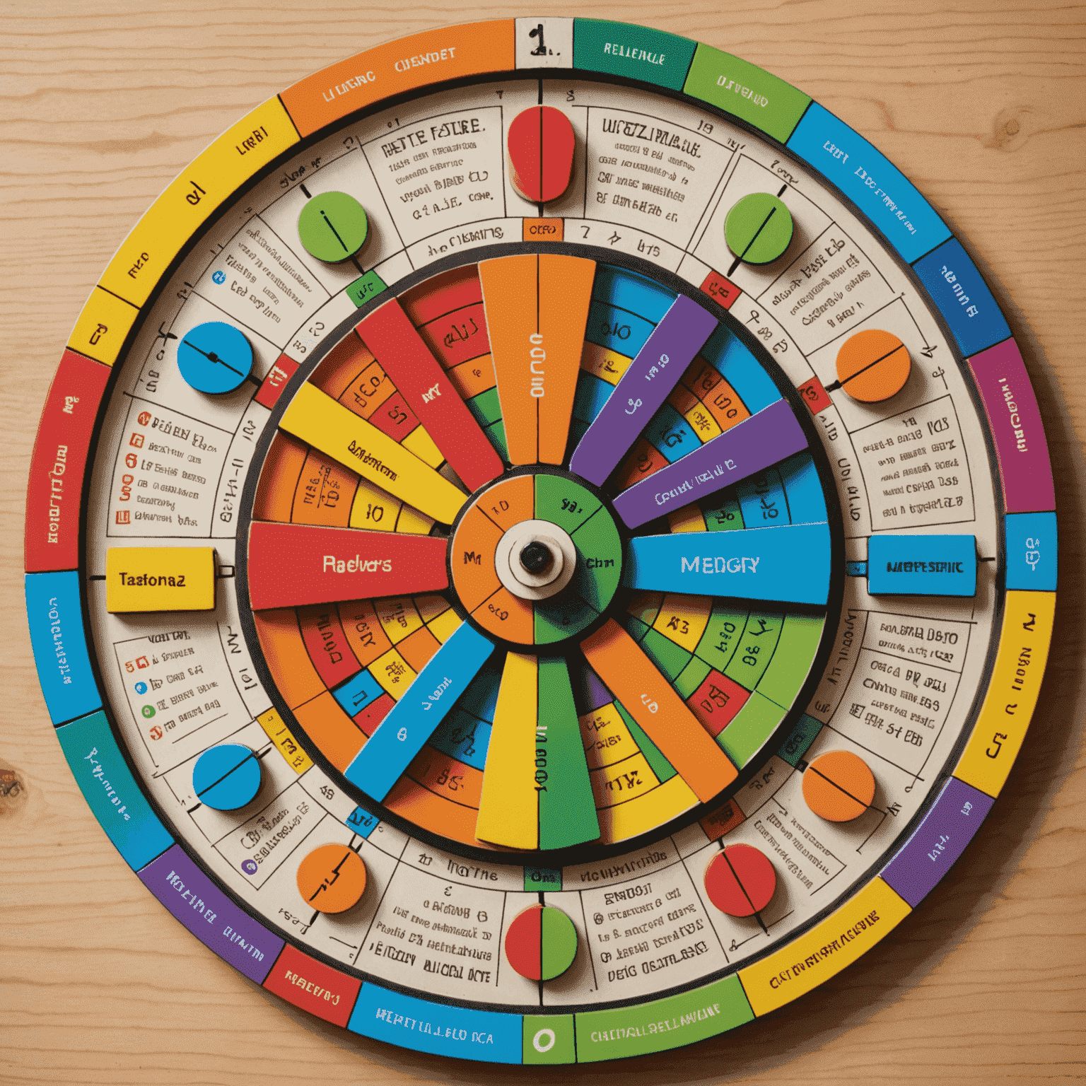 Una colorida ruleta con diferentes secciones que representan varios desafíos mentales como acertijos, problemas matemáticos y juegos de memoria