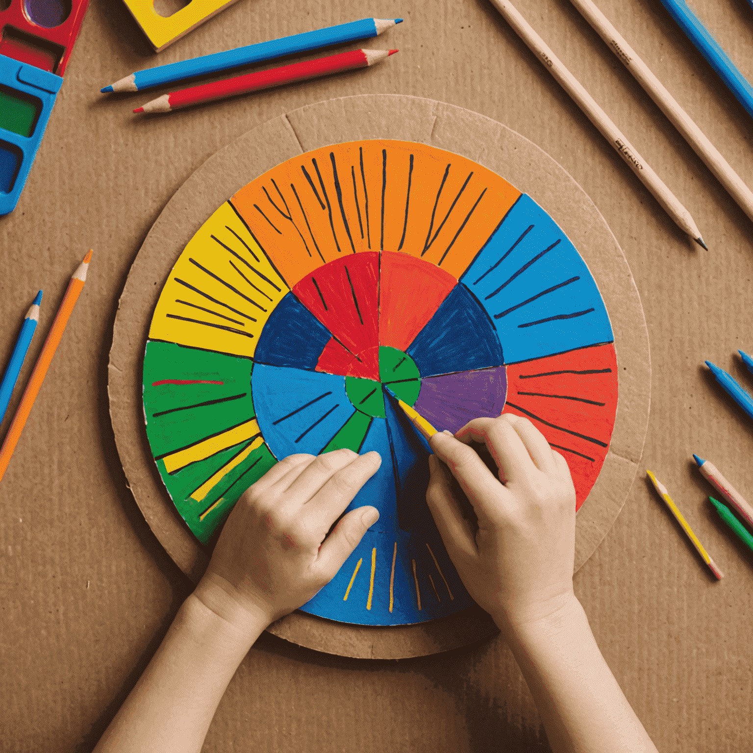 Manos de niño dibujando patrones coloridos en un disco de cartón