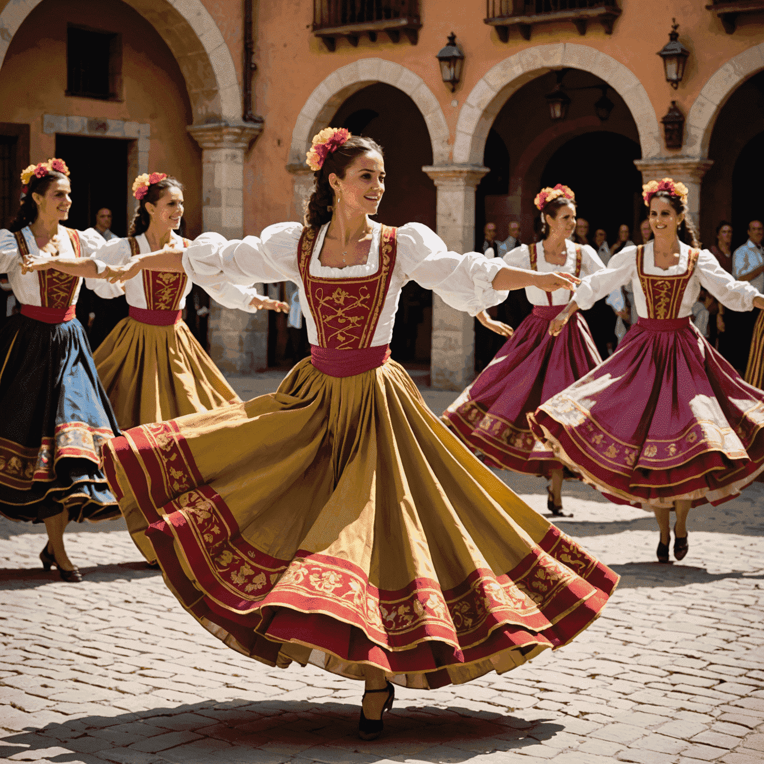 Bailarines ejecutando una danza tradicional giratoria en trajes típicos españoles