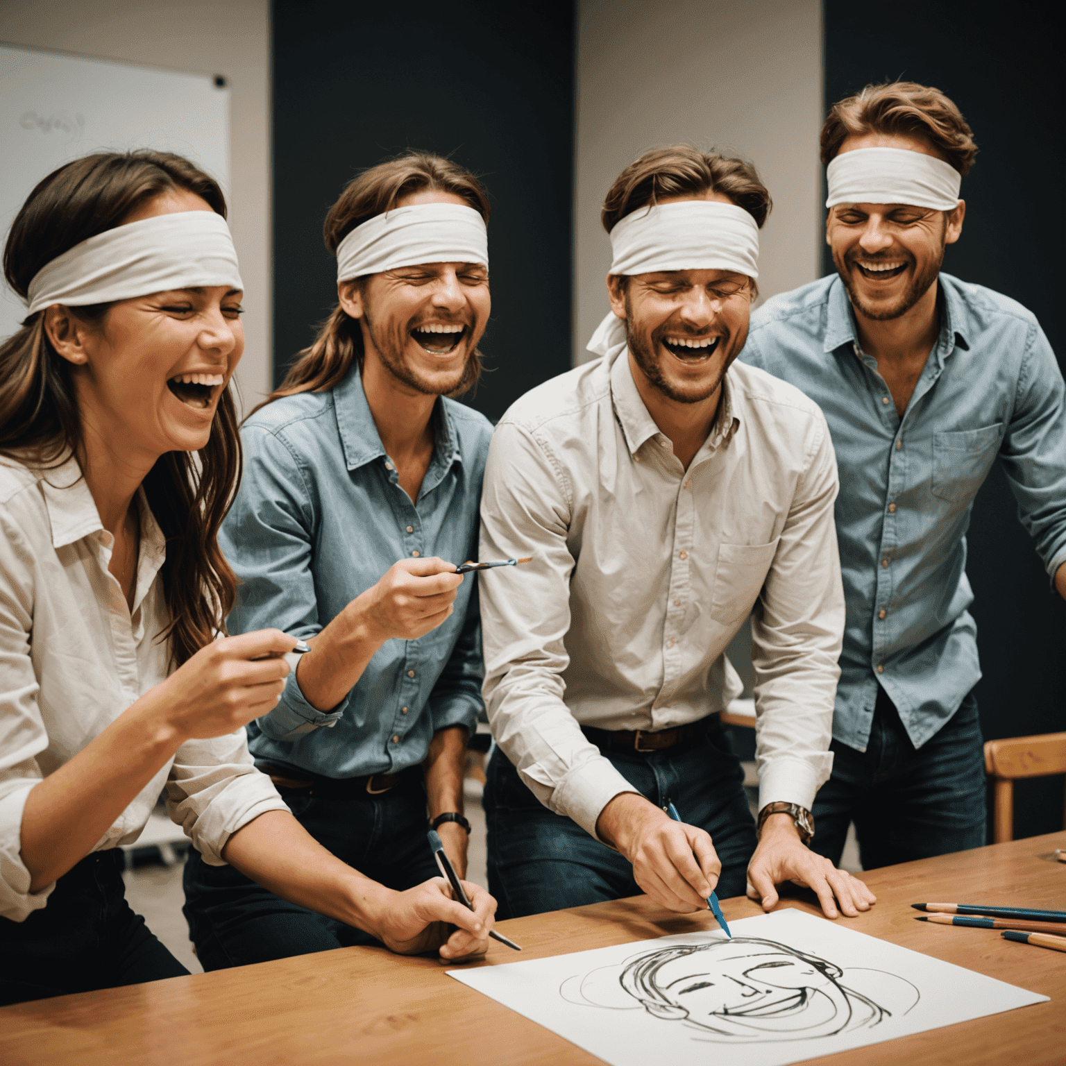 Personas riendo mientras intentan dibujar con los ojos vendados después de girar