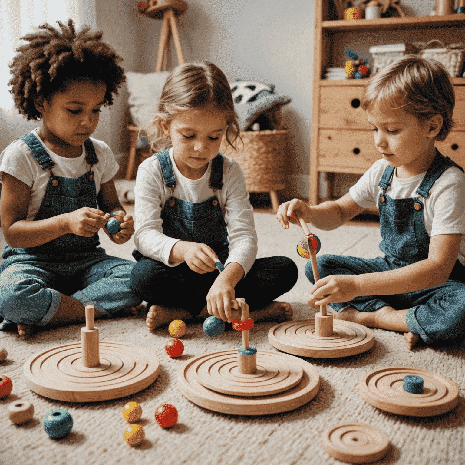 Niños jugando con varios tipos de juguetes giratorios caseros, incluyendo trompos y discos giratorios