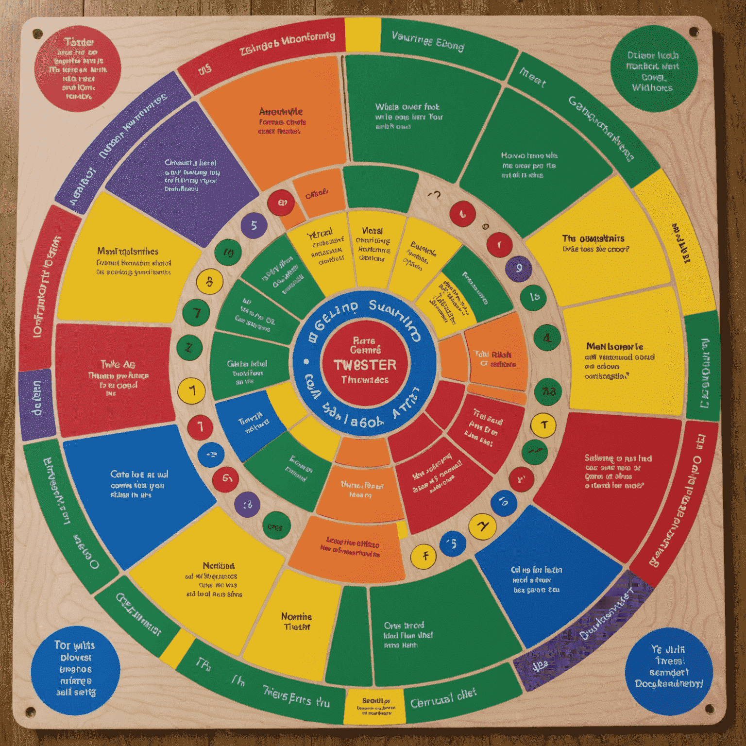 Un tablero de Twister modificado con preguntas y desafíos mentales en lugar de colores